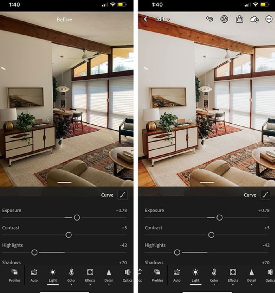 Before and after interior photo editing — Lightroom exposure, contrast, highlights and shadows adjustment